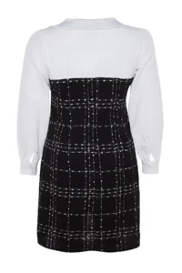Trendyol Curve Black White Shirt Collar Long Sleeve buttoned Tweed Dress - Image 9