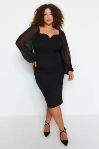 Trendyol Curve Black Long Sleeve Fitted Slit Midi/Middle Size Weaving Dress - Image 2