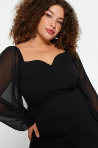 Trendyol Curve Black Long Sleeve Fitted Slit Midi/Middle Size Weaving Dress - Image 3
