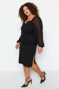 Trendyol Curve Black Long Sleeve Fitted Slit Midi/Middle Size Weaving Dress - Image 4