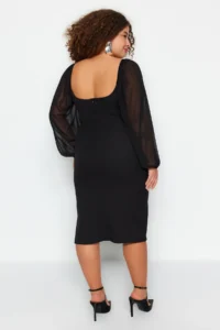 Trendyol Curve Black Long Sleeve Fitted Slit Midi/Middle Size Weaving Dress - Image 6