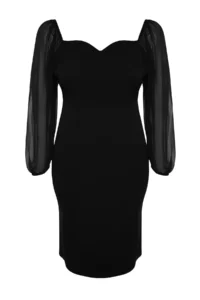Trendyol Curve Black Long Sleeve Fitted Slit Midi/Middle Size Weaving Dress - Image 7