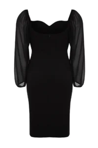Trendyol Curve Black Long Sleeve Fitted Slit Midi/Middle Size Weaving Dress - Image 9