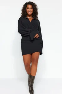 Trendyol Curve Black Double breasted Mini Long Sleeve Shirt Collar Weaving Dress - Image 3