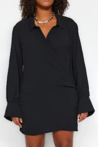 Trendyol Curve Black Double breasted Mini Long Sleeve Shirt Collar Weaving Dress - Image 4