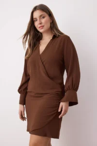 Trendyol Curve Brown  Double breasted Mini Long Sleeve Shirt Collar Weaving Dress - Image 2