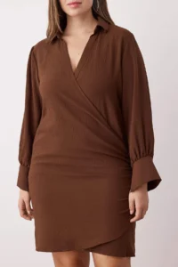 Trendyol Curve Brown  Double breasted Mini Long Sleeve Shirt Collar Weaving Dress - Image 3