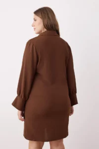 Trendyol Curve Brown  Double breasted Mini Long Sleeve Shirt Collar Weaving Dress - Image 4