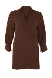 Trendyol Curve Brown  Double breasted Mini Long Sleeve Shirt Collar Weaving Dress - Image 5