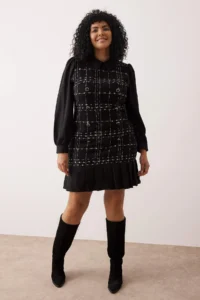 Trendyol Curve Black Shirt Collar Plaid-Checkered Mini Tweed Dress