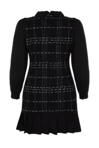 Trendyol Curve Black Shirt Collar Plaid-Checkered Mini Tweed Dress - Image 11