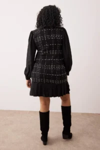 Trendyol Curve Black Shirt Collar Plaid-Checkered Mini Tweed Dress - Image 4