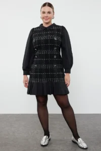 Trendyol Curve Black Shirt Collar Plaid-Checkered Mini Tweed Dress - Image 5