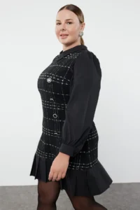 Trendyol Curve Black Shirt Collar Plaid-Checkered Mini Tweed Dress - Image 6