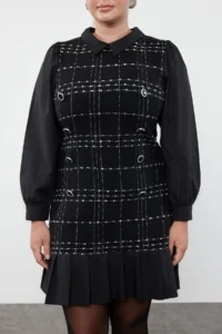 Trendyol Curve Black Shirt Collar Plaid-Checkered Mini Tweed Dress - Image 7
