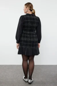 Trendyol Curve Black Shirt Collar Plaid-Checkered Mini Tweed Dress - Image 9