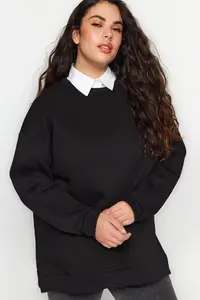 Trendyol Curve Black Thick Fleece Inside Slit Oversized/Large Cut Knitting Plus Size Sweatshirt - Image 2