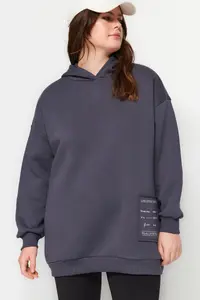 Trendyol Curve Anthracite Embroidery Detailed Oversized/Bol Cut Knitting Plus Size Sweatshirt