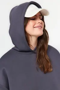 Trendyol Curve Anthracite Embroidery Detailed Oversized/Bol Cut Knitting Plus Size Sweatshirt - Image 3