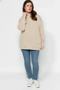 Trendyol Curve Beige Embroidery Detailed Oversized/Bol Cut Knitting Plus Size Sweatshirt - Image 2
