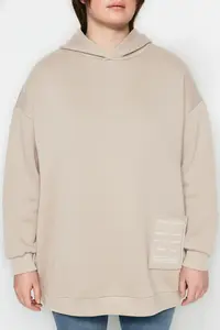 Trendyol Curve Beige Embroidery Detailed Oversized/Bol Cut Knitting Plus Size Sweatshirt - Image 3