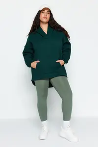 Trendyol Curve Emerald Green Thick Oversized/Large Cut Knitting Plus Size Sweatshirt with Fleece Inside - Image 3