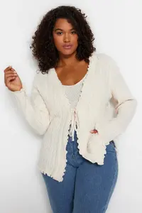 Trendyol Curve Ecru Hair Knitting Patterned tied up Knitwear Cardigan