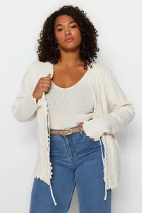 Trendyol Curve Ecru Hair Knitting Patterned tied up Knitwear Cardigan - Image 2