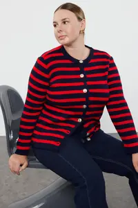 Trendyol Curve Navy Blue-Red Striped Jacket Look Knitwear Cardigan