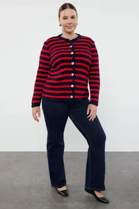 Trendyol Curve Navy Blue-Red Striped Jacket Look Knitwear Cardigan - Image 2