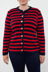 Trendyol Curve Navy Blue-Red Striped Jacket Look Knitwear Cardigan - Image 3