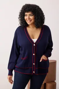 Trendyol Curve Navy Blue-Red Stripe Detailed Knitwear Cardigan