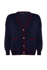 Trendyol Curve Navy Blue-Red Stripe Detailed Knitwear Cardigan - Image 10