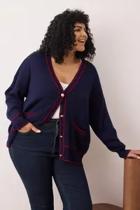Trendyol Curve Navy Blue-Red Stripe Detailed Knitwear Cardigan - Image 2