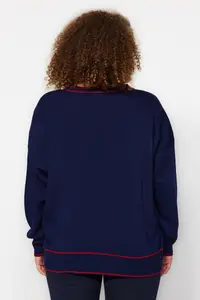 Trendyol Curve Navy Blue-Red Stripe Detailed Knitwear Cardigan - Image 9