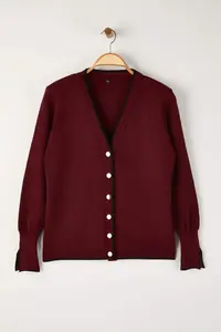 Trendyol Curve Burgundy Button Detailed Striped Knitwear Cardigan - Image 5