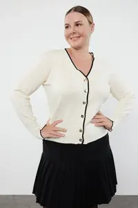 Trendyol Curve Cream Gold Button Detailed Striped Knitwear Cardigan