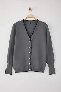 Trendyol Curve Gray Button Detailed Striped Knitwear Cardigan - Image 5