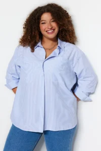 Trendyol Curve Mavi Striped Long Sleeve Weaving Plus Size Shirt