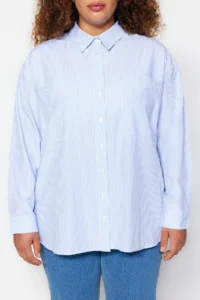 Trendyol Curve Mavi Striped Long Sleeve Weaving Plus Size Shirt - Image 2