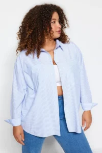 Trendyol Curve Mavi Striped Long Sleeve Weaving Plus Size Shirt - Image 4