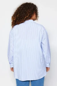 Trendyol Curve Mavi Striped Long Sleeve Weaving Plus Size Shirt - Image 5
