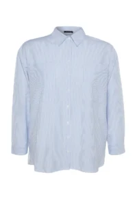 Trendyol Curve Mavi Striped Long Sleeve Weaving Plus Size Shirt - Image 6