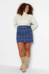 Trendyol Curve Mavi Plaid Patterned Skirt - Image 2