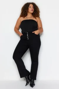 Trendyol Curve Fading Black Front buttoned flared leg High Waist plus size jeans