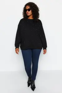 Trendyol Curve Black Thick Stone Detailed Knitting Plus Size Sweatshirt - Image 2