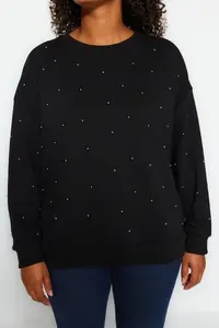 Trendyol Curve Black Thick Stone Detailed Knitting Plus Size Sweatshirt - Image 3