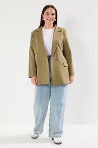 Trendyol Curve Light Khaki Regular Lined Double breasted Kapama Weaving Plus Size Blazer Jacket