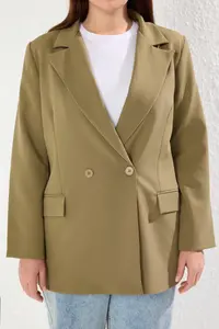 Trendyol Curve Light Khaki Regular Lined Double breasted Kapama Weaving Plus Size Blazer Jacket - Image 3