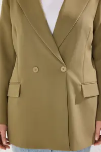 Trendyol Curve Light Khaki Regular Lined Double breasted Kapama Weaving Plus Size Blazer Jacket - Image 4